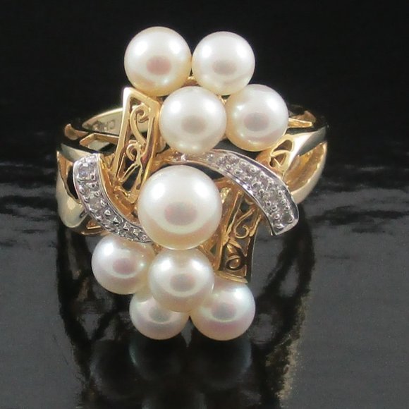 14K Yellow Gold Cultured Freshwater Pearl Cluster & Diamond Accent Ring - Picture 4 of 7